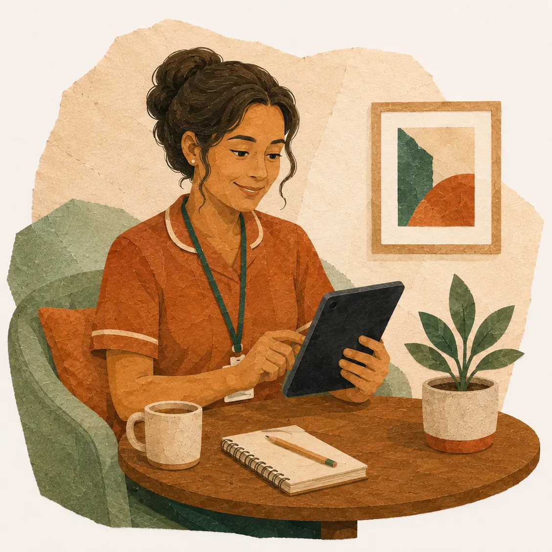 A carer in uniform sitting at a table at home, reading something on a tablet.