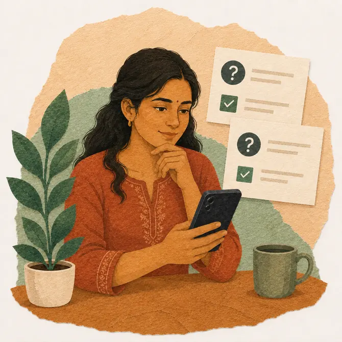 A woman at home reading two questions on her phone.