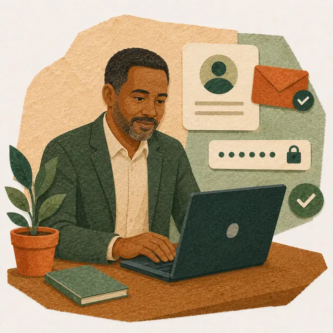 A man at a laptop filling in his name, email and a password.