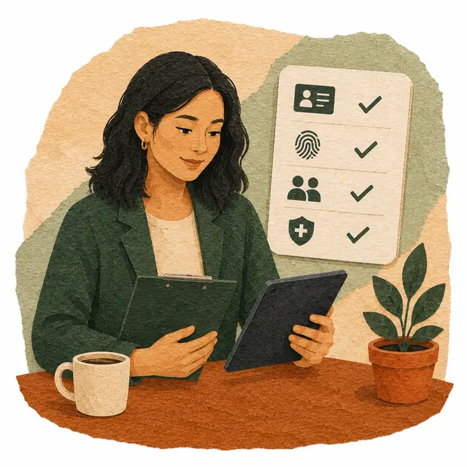 A woman holding a checklist with ID, DBS, references and insurance ticked off.