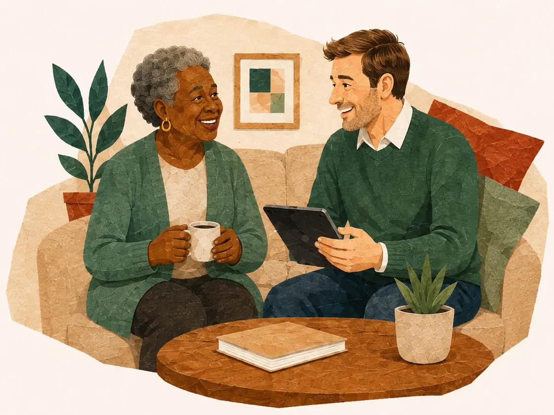 An older woman with a mug of tea sitting on a sofa, smiling at a younger man beside her who is holding a tablet.