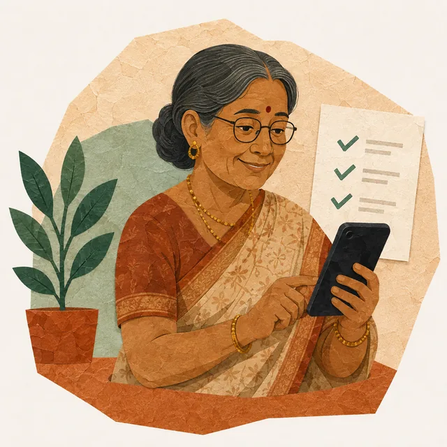 An older woman in a sari, wearing glasses, smiling at her phone, with a checklist on the wall beside her.
