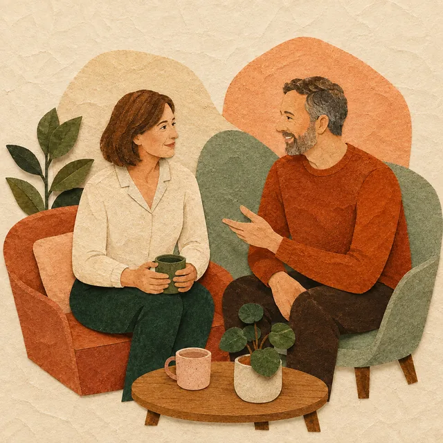 A woman and a man sitting in armchairs with mugs of tea, talking to each other.