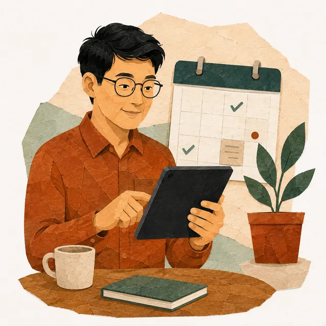 A man in glasses at a table, reading a tablet, with a wall calendar behind him with days ticked.
